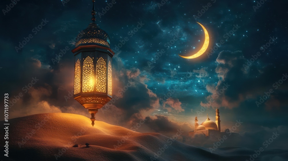 Obraz premium A serene night scene featuring a lamp and a crescent moon against a backdrop of the desert sky.