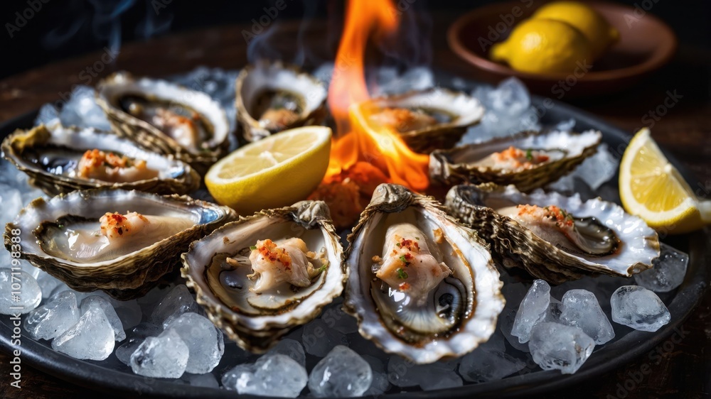 A platter of oysters on ice, garnished with lemon, with flames in the background. A platter of oysters on ice, garnished with lemon, with flames in the background.