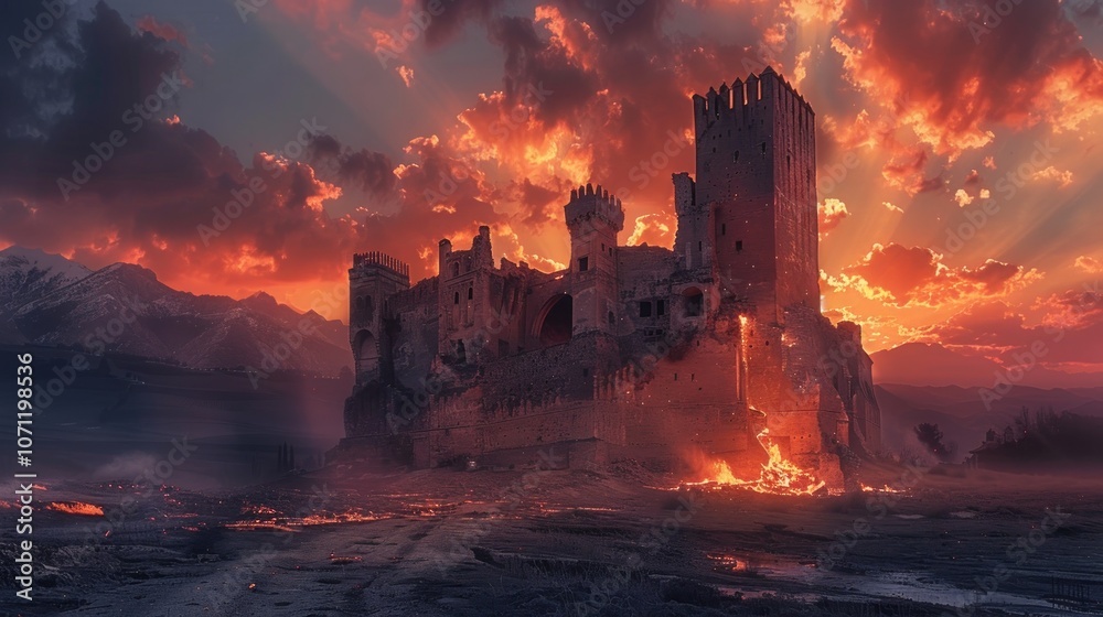 Fototapeta premium Burning Castle at Sunset