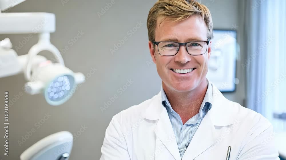 Friendly dentist in a white coat smiles confidently in a modern dental office, ready to provide excellent patient care. Friendly dentist in a white coat smiles confidently in a modern dental office, ready to provide excellent patient care.