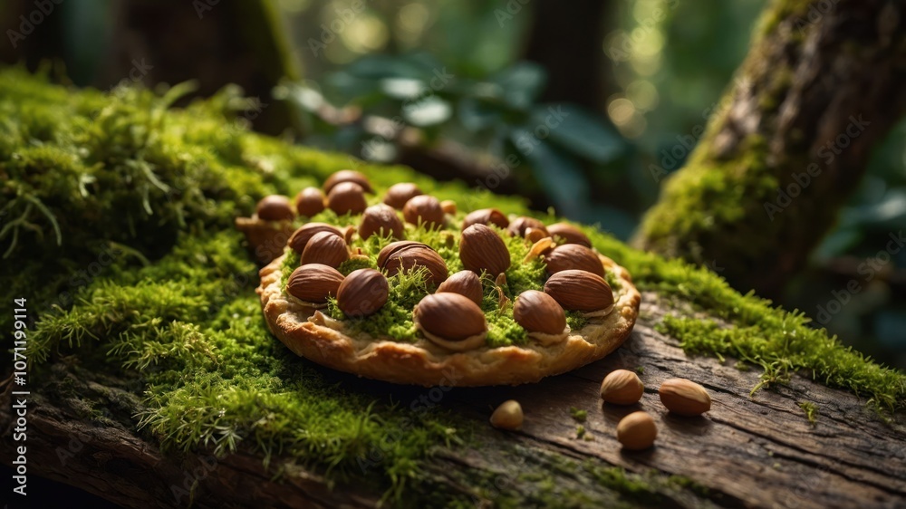 A pie topped with nuts sits on a mossy log in a lush forest setting.