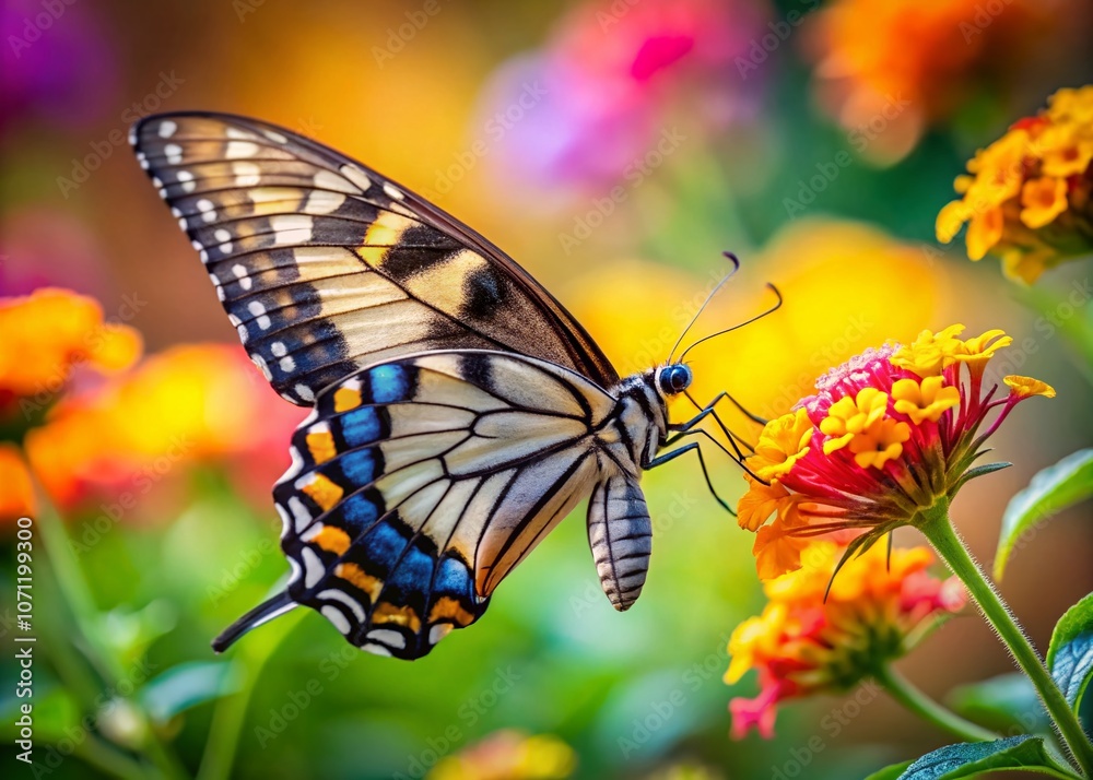 Stunning Swallowtail Butterfly Resting on Vibrant Flower with Closed Wings, Showcasing Nature's Beauty in High Depth of Field and Rich Colors, Perfect for Nature and Wildlife Photography Collections Stunning Swallowtail Butterfly Resting on Vibrant Flower with Closed Wings, Showcasing Nature's Beauty in High Depth of Field and Rich Colors, Perfect for Nature and Wildlife Photography Collections