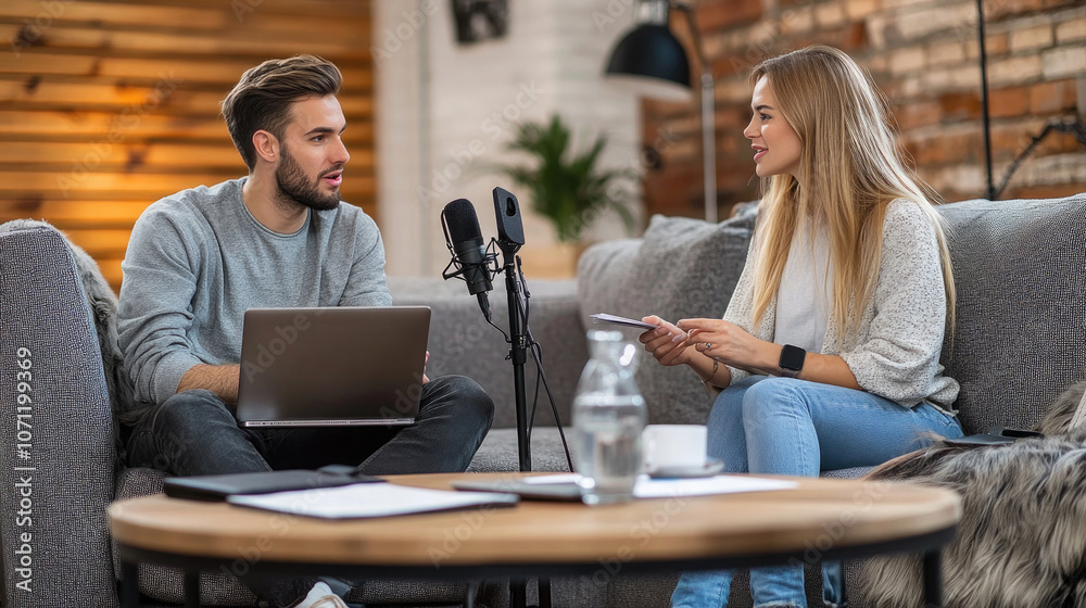 Male reporter having interview with young woman in studio Male reporter having interview with young woman in studio