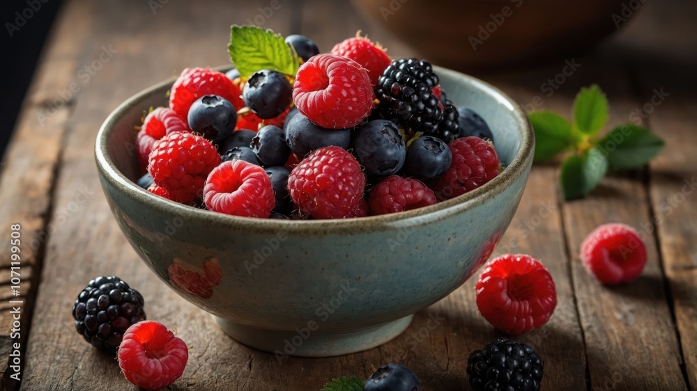 A bowl filled with fresh raspberries, blueberries, and blackberries on a wooden table. A bowl filled with fresh raspberries, blueberries, and blackberries on a wooden table.