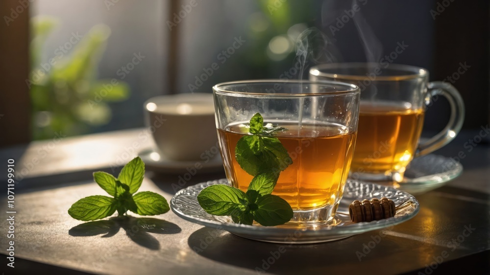 Two steaming cups of herbal tea with mint leaves and honey on a wooden table. Two steaming cups of herbal tea with mint leaves and honey on a wooden table.