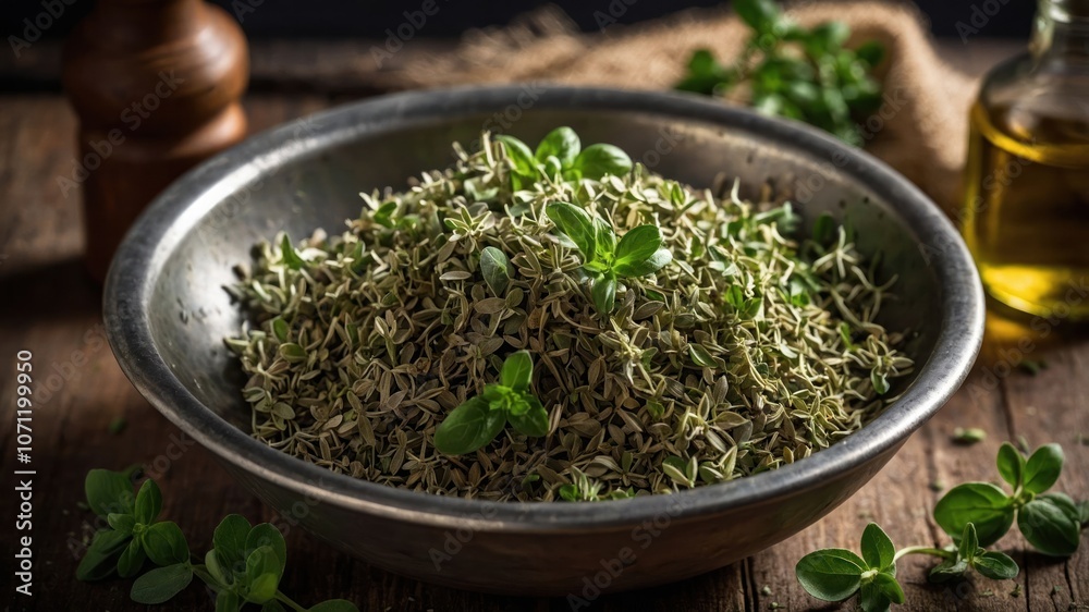 A bowl filled with dried herbs, garnished with fresh leaves, showcasing culinary ingredients. A bowl filled with dried herbs, garnished with fresh leaves, showcasing culinary ingredients.