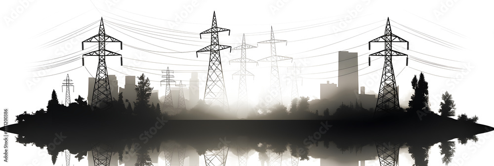 Urban Skyline with Power Lines Silhouette Reflection on white and transparent background. PNG Urban Skyline with Power Lines Silhouette Reflection on white and transparent background. PNG