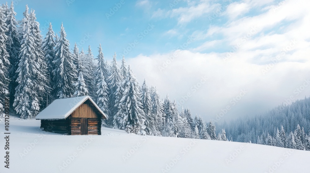 Peaceful Snowy Landscape with a Rustic Cabin and Fir Trees under a Bright Winter Sky Peaceful Snowy Landscape with a Rustic Cabin and Fir Trees under a Bright Winter Sky