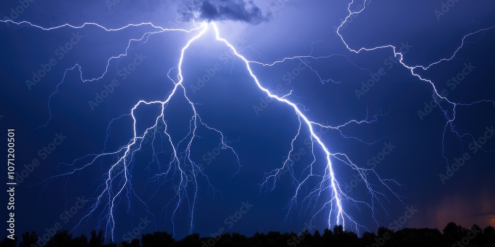 Vivid blue thunder lightning bolt s shaped against dark blue background electric storm 