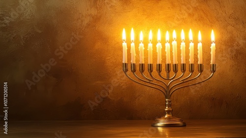 Close-up of glowing Hanukkah candles in a beautiful menorah on a minimalist table, with ample space for overlay text