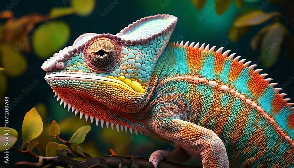 Fototapeta premium generative AI. Colorful chameleon in vibrant high resolution