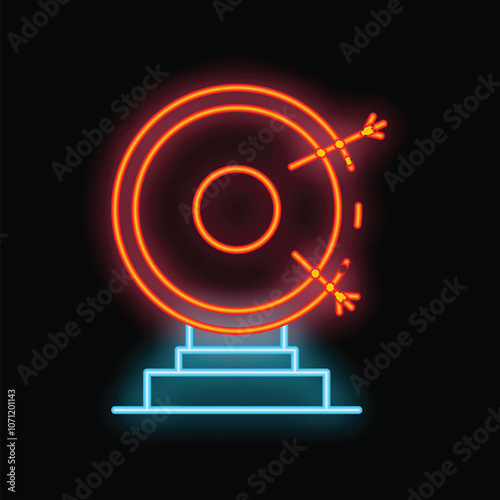 Glowing neon sign representing a gong with drumsticks striking it, set against a black background
