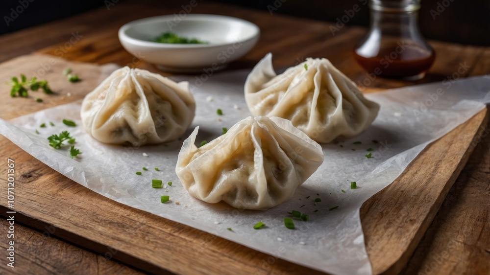 Three steamed dumplings on parchment paper, garnished with herbs and accompanied by sauce. Three steamed dumplings on parchment paper, garnished with herbs and accompanied by sauce.