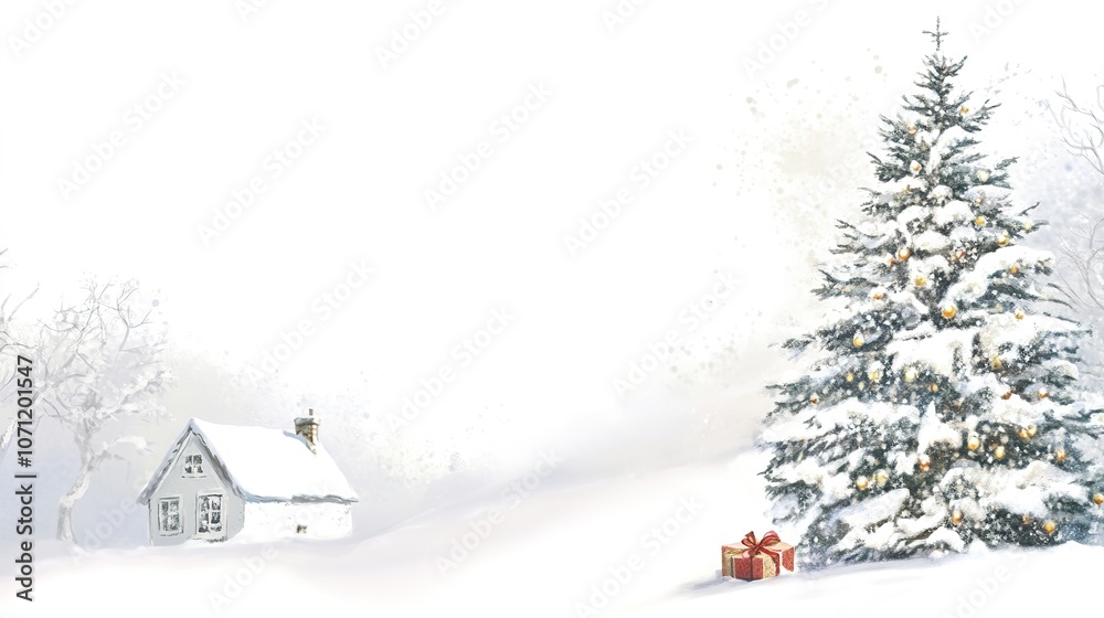 Fototapeta premium A charming house decorated for Christmas, set against a white background. The festive decorations capture the spirit of the season, with touches of holiday cheer and warmth, 