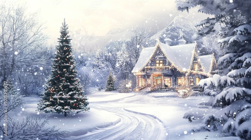 Fototapeta premium A charming house decorated for Christmas, set against a white background. The festive decorations capture the spirit of the season, with touches of holiday cheer and warmth, 