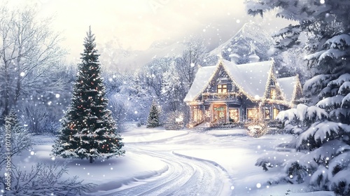 A charming house decorated for Christmas, set against a white background. The festive decorations capture the spirit of the season, with touches of holiday cheer and warmth, 