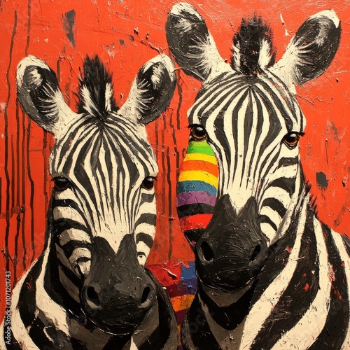 Stunning Zebra Artwork on Vibrant Orange Background with Unique Rainbow Stripe and Dripping Paint Effect in Bold Black and White Design photo