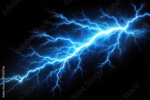 Blue lightning thunder effect overlay on black background high angle