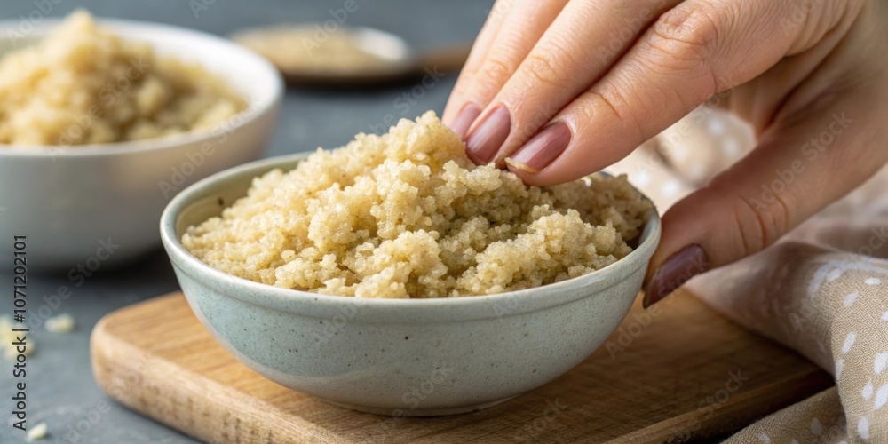 Whole Grain Serving A closeup of two fingers gently pressing down on a serving of quinoa showing it fills about a small bowl or similar. Whole Grain Serving A closeup of two fingers gently pressing down on a serving of quinoa showing it fills about a small bowl or similar.