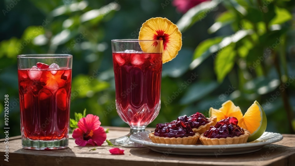 Refreshing drinks and desserts on a table surrounded by greenery. Refreshing drinks and desserts on a table surrounded by greenery.