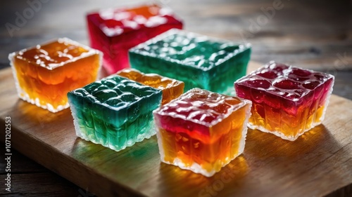 Colorful layered gelatin desserts displayed on a wooden surface. photo