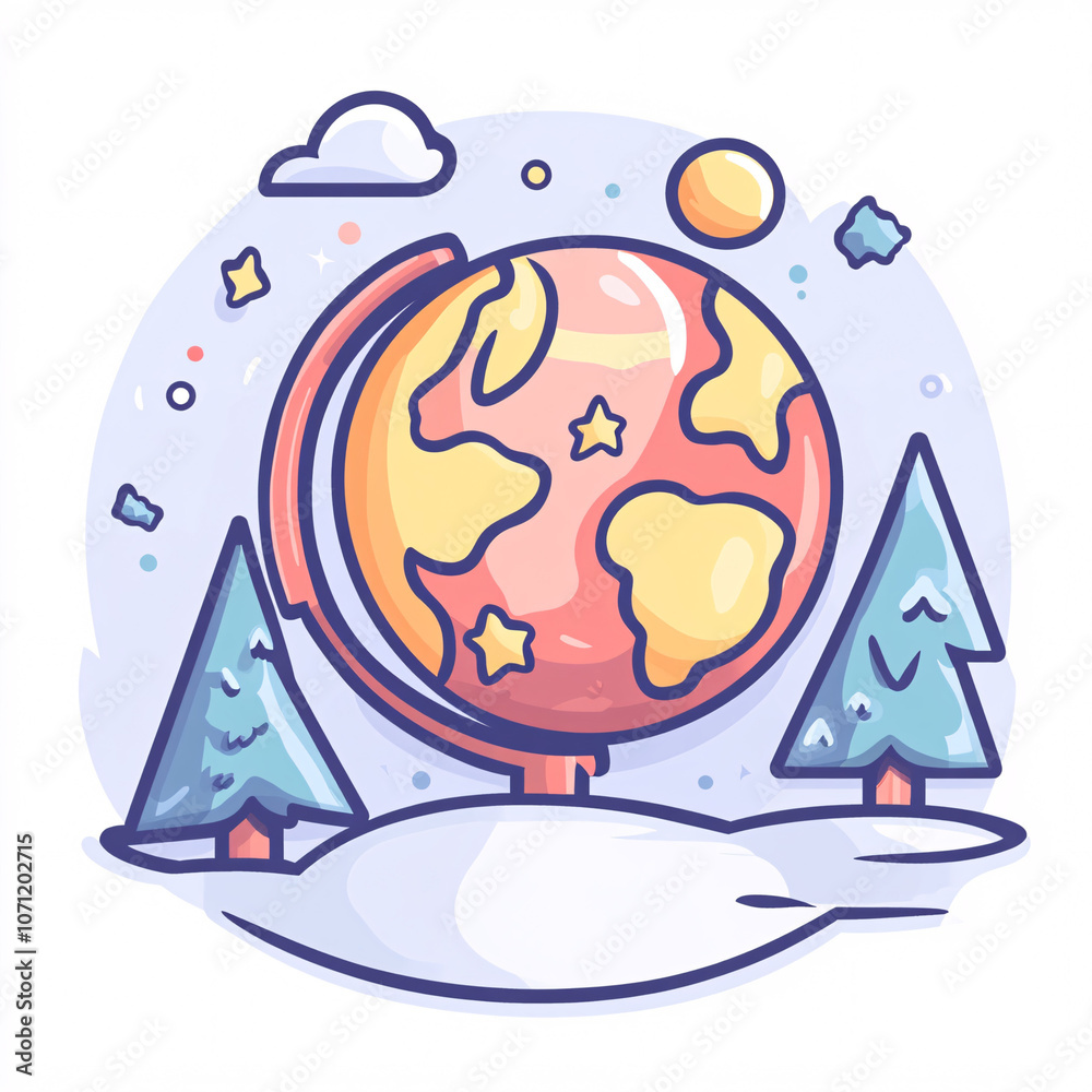 Fototapeta premium A colorful globe surrounded by snow-covered trees, stars, and clouds, creating a whimsical winter scene.