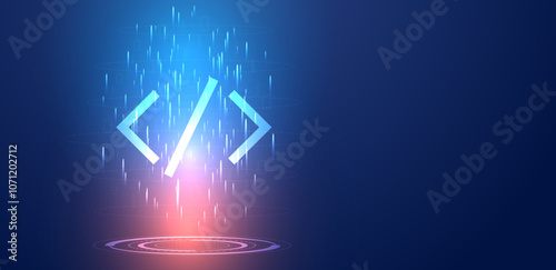 Abstract code binary number with glowing light. Digital data and software development background.