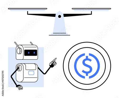 Robot pointing money symbol in a circular design, and a scale. Ideal for technology, finance, AI, economics, balance, investment, precision. Line metaphor