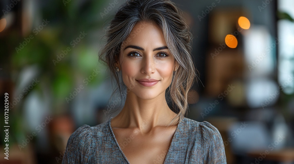 Fototapeta premium Woman smiles brightly in cozy cafe setting
