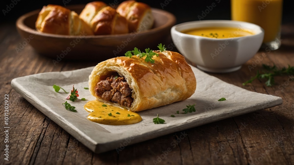 A savory pastry filled with meat, served with a dipping sauce and garnished. A savory pastry filled with meat, served with a dipping sauce and garnished.