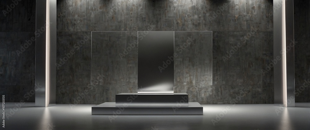 Minimalist Concrete Podium: A sleek and modern concrete podium bathed in dramatic spotlights, offering a striking backdrop for product displays, presentations, or award ceremonies. Minimalist Concrete Podium: A sleek and modern concrete podium bathed in dramatic spotlights, offering a striking backdrop for product displays, presentations, or award ceremonies.