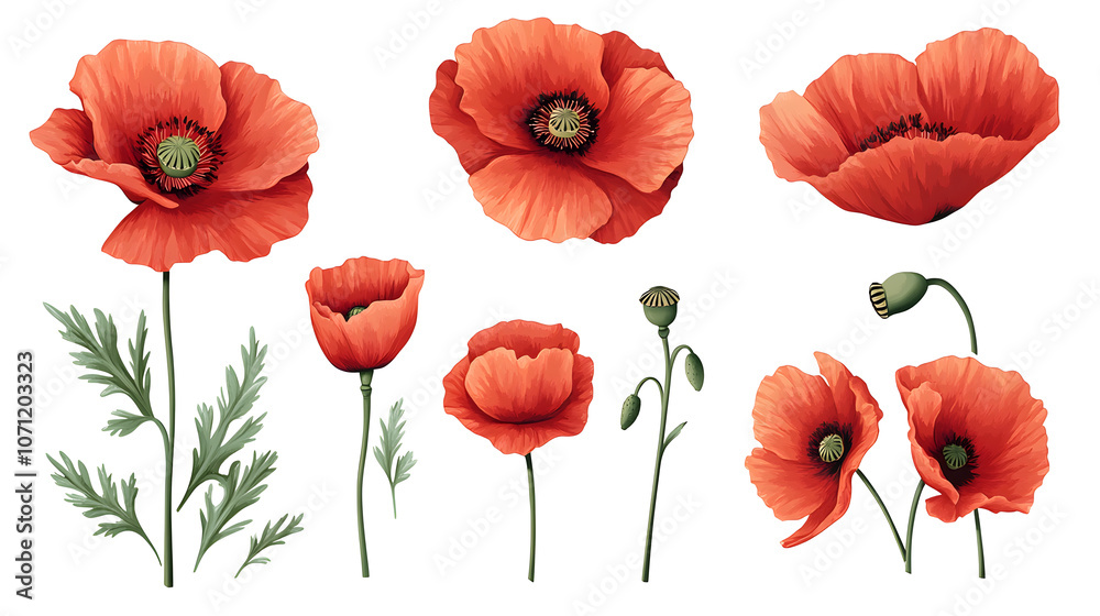 Fototapeta premium Collection of Red Poppy Flowers in Various Views on white and transparent background. PNG