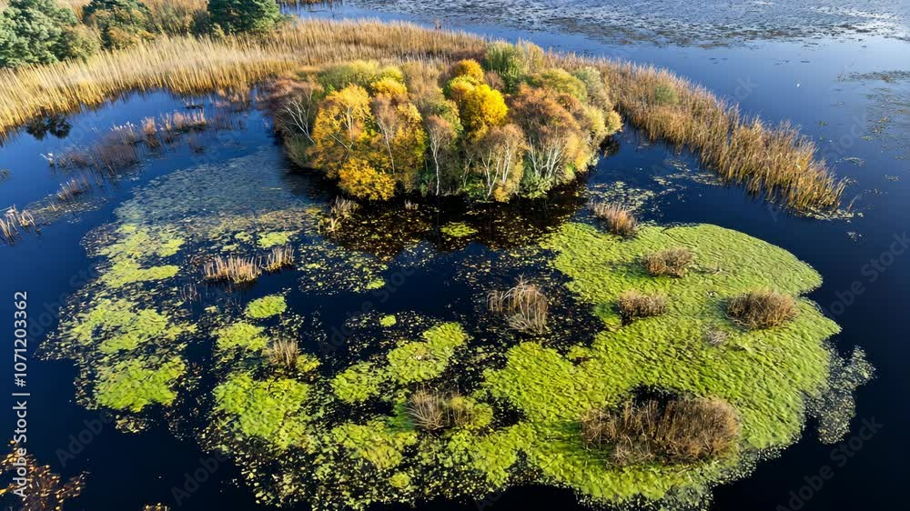 An aerial view of a small island covered in fall foliage surrounded by a lake with green algae