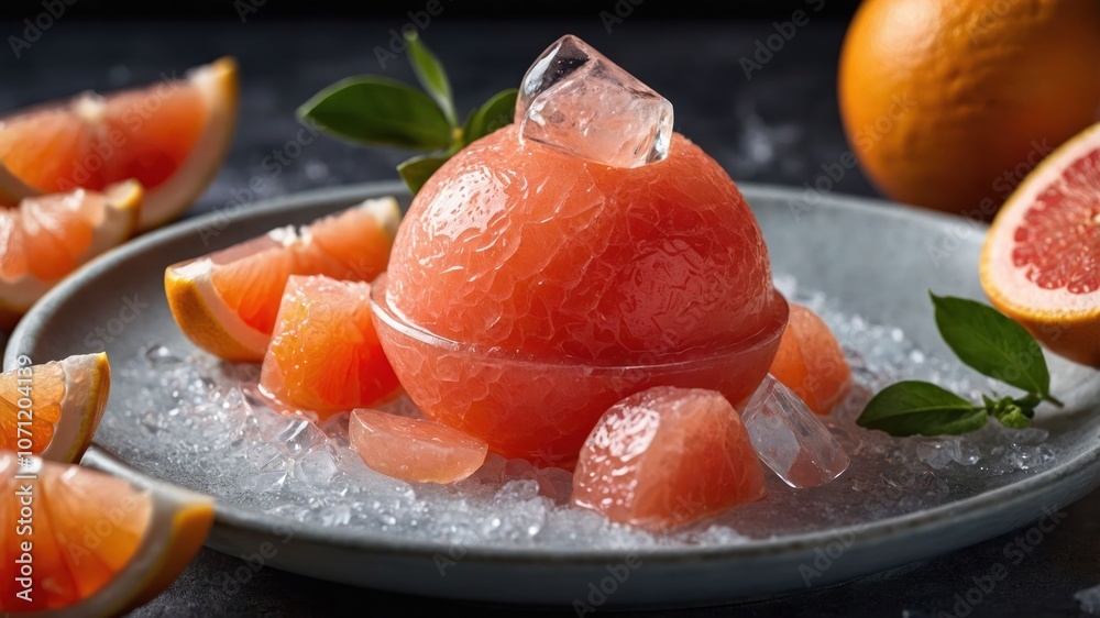 A visually appealing dessert featuring grapefruit sorbet, garnished with ice and citrus slices.