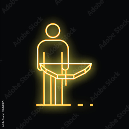 Glowing neon icon of a surveyor holding a theodolite, used in geodesy and land surveying to measure angles