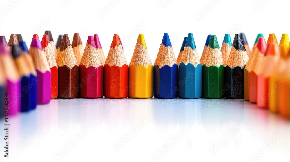 Fototapeta premium Colorful pencils arranged in a row on a white background.