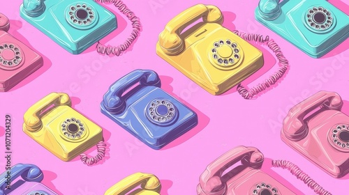 Colorful retro rotary phones on a pink background. photo