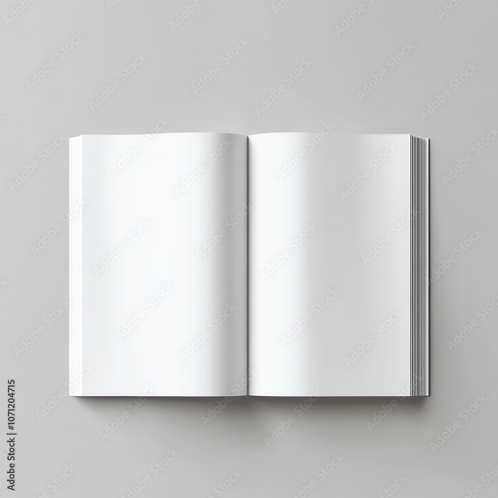 A blank, open book with white pages against a light grey background. A blank, open book with white pages against a light grey background.