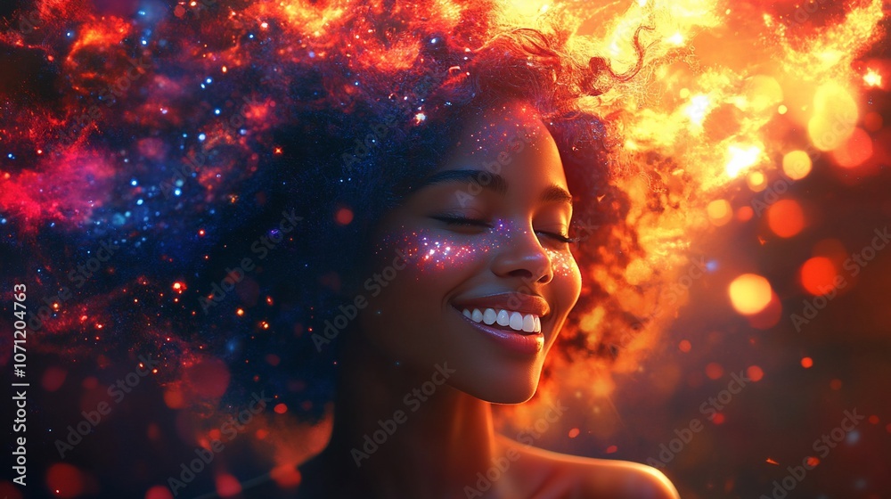 A young woman with glowing hair, eyes closed in happiness. A young woman with glowing hair, eyes closed in happiness.