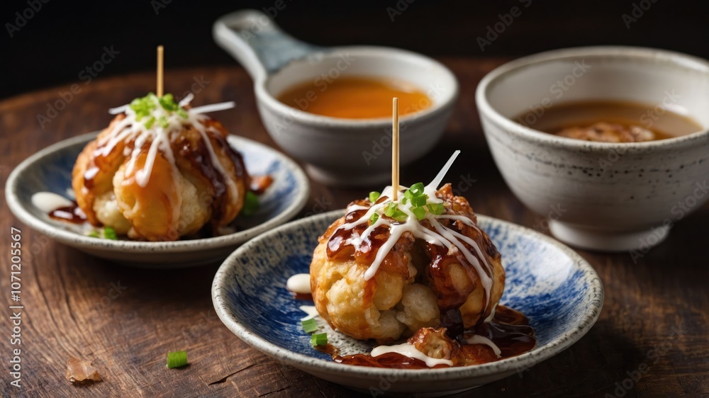Two delicious cauliflower dishes drizzled with sauces, accompanied by small bowls of sauce. Two delicious cauliflower dishes drizzled with sauces, accompanied by small bowls of sauce.