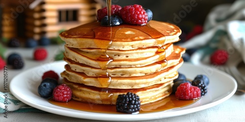 Delicious Pancakes with Fresh Berries and Maple Syrup - Stack of Fluffy Pancakes with Raspberries and Blueberries on Plate - Breakfast Ideas and Recipes photo