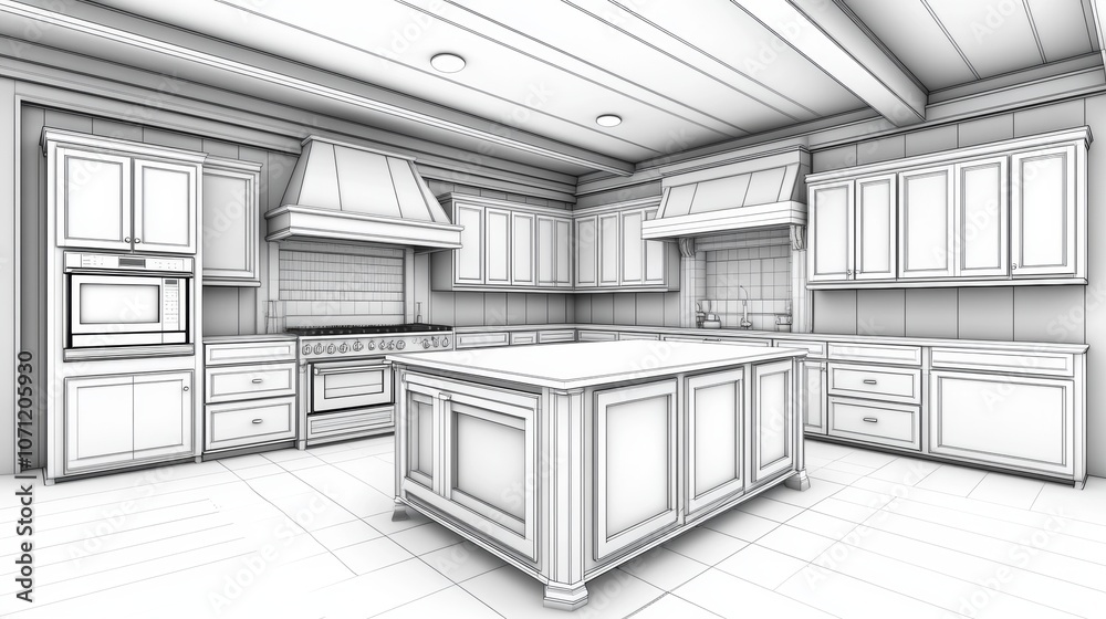Luxury Kitchen Design 3D Wireframe Model Modern Home Interior Architectural Sketch Luxury Kitchen Design 3D Wireframe Model Modern Home Interior Architectural Sketch