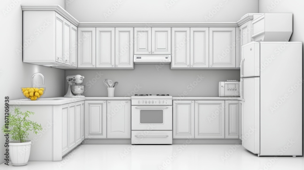 Fototapeta premium Modern White Kitchen Design Cabinets Appliances Interior