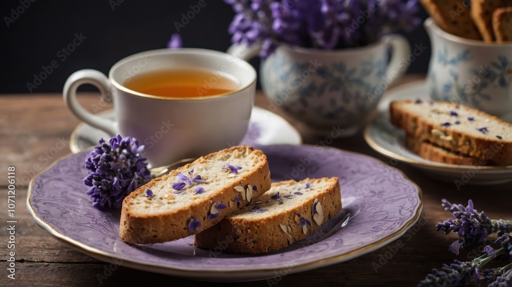 A cozy tea setting with lavender cookies and tea in a floral cup. A cozy tea setting with lavender cookies and tea in a floral cup.