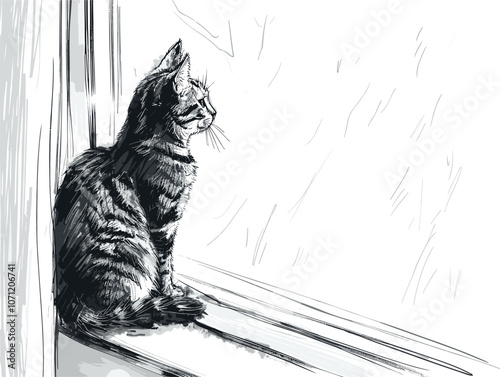 white background, Cat perched on a windowsill looking outside - isolate on a window background., very simple and isolate in the style of animated illustrations with drawings in pencil easy, art