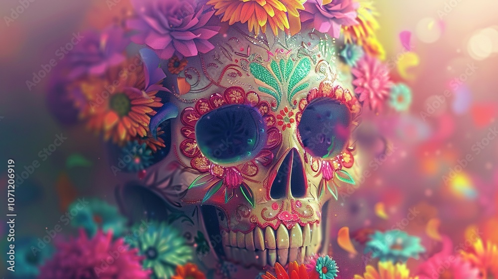 Festival of Colors: Sugar Skull Illustration Embellished with Floral Designs for Día de los Muertos Festival of Colors: Sugar Skull Illustration Embellished with Floral Designs for Día de los Muertos