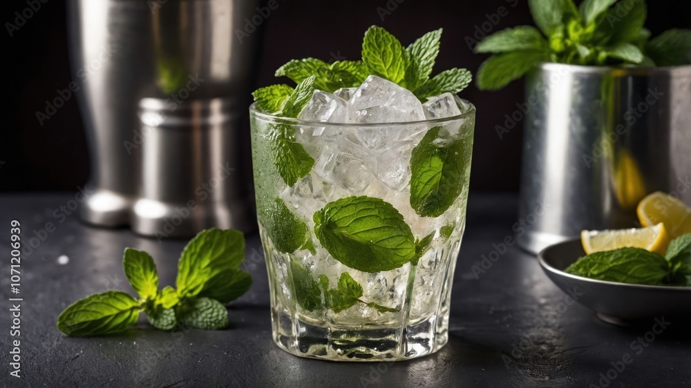 A refreshing cocktail with mint and ice, perfect for cooling down. A refreshing cocktail with mint and ice, perfect for cooling down.