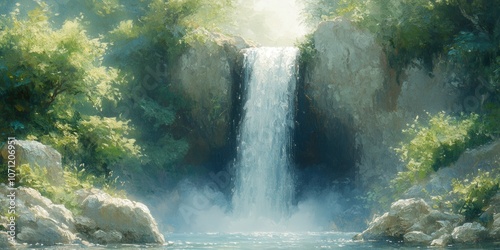 Serene waterfall cascading amid lush greenery in tranquil forest setting, sunlight filtering through trees, peaceful nature landscape, pristine wilderness