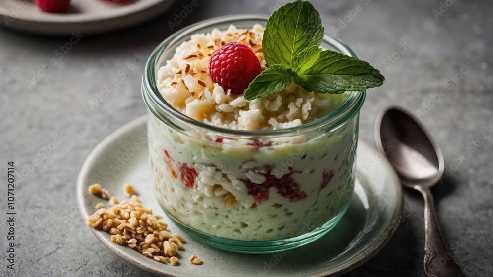 A delicious dessert in a glass jar, topped with raspberries and mint, served on a plate.