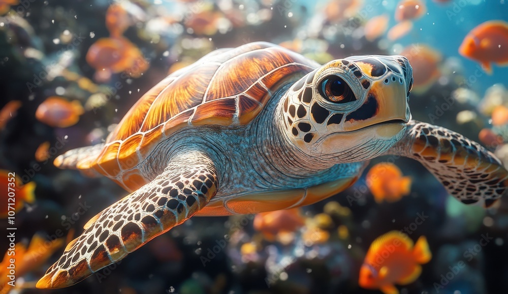 Fototapeta premium Sea turtle swimming through a thriving coral reef in an underwater paradise